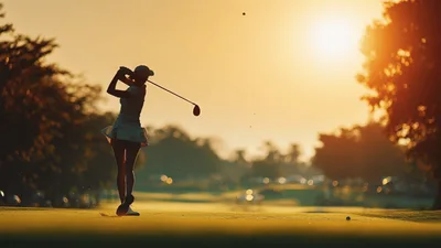 Female Golfer Swinging Club At Sunset