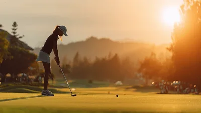 Female Golfer Putting On Green At Sunset