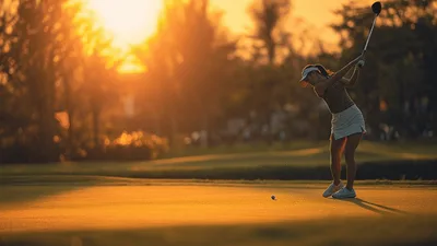 Female Golfer Putting On Green At Sunset