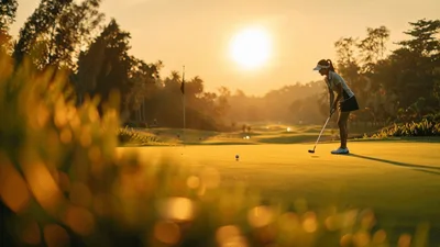 Female Golfer Putting Ball On Green At Sunset