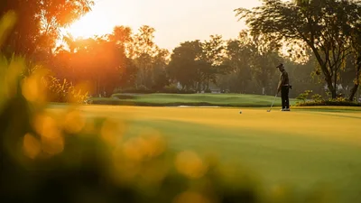 Golfer Putting On Green During Golden Hour