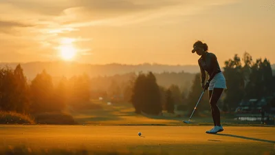 Female Golfer Putting On Green At Sunset