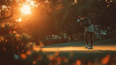 Female Golfer Performing A Full Swing On Putting Green