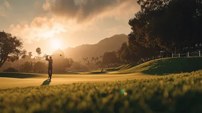 Golfer Swinging Club On Scenic Golf Course At Sunset