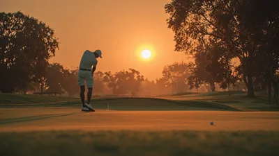 Golfer Performing A Full Swing On A Sunny Golf Course