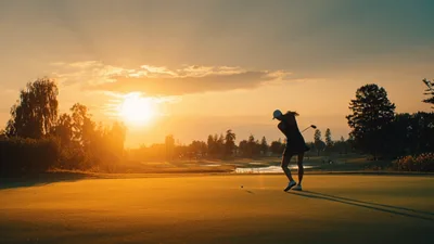 Female Golfer Swinging Club on Green at Sunset