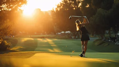 Female Golfer Swinging Driver On Sunny Golf Course