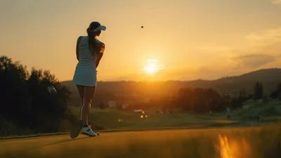 Female Golfer Swinging Driver at Sunset