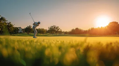 Golfer Swinging Driver On Sunny Golf Course
