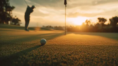 Golfer Putting Ball On Green At Sunset