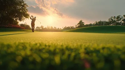 Golfer Taking A Swing On A Sunny Golf Course