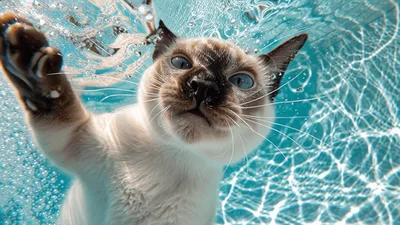 Siamese Cat Swimming Underwater in a Bright Pool