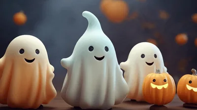 Cute Cartoon Ghosts And Pumpkins Dancing Together