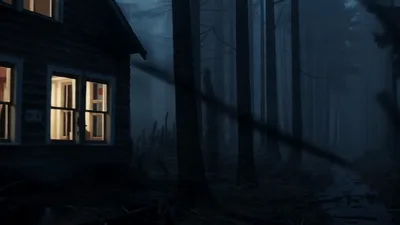 Dark Cabin In Misty Forest At Night