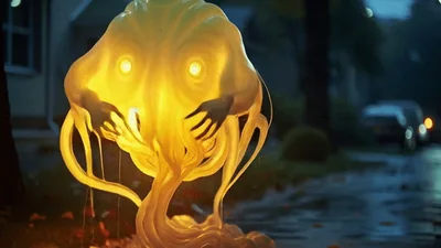 Glowing Ethereal Jellyfish Creature Floating On Suburban Street