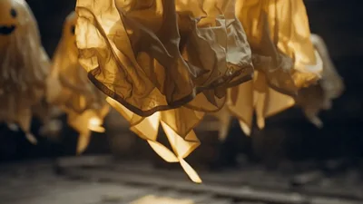 Floating Ghost Balloons Hovering In A Dark Attic