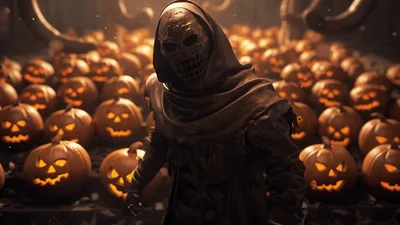 Scary Hooded Figure Walking Through Field Of Jack O Lanterns