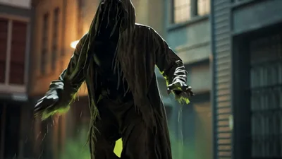 Eerie Hooded Figure Rising From Green Fog