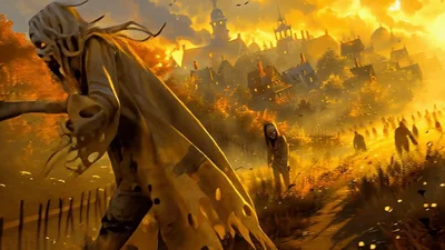 Undead Zombies Walking Through A Burning Medieval Village