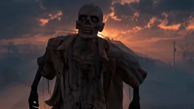 Zombie Walking Toward Camera In Front Of Dilapidated House