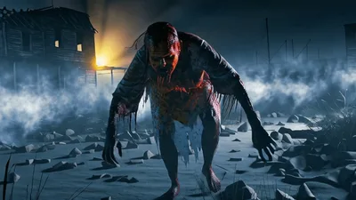 Terrifying Bloody Zombie Creature Crawling Through Foggy Night