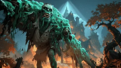 Giant Slime Zombie Approaching Haunted Mansion at Night