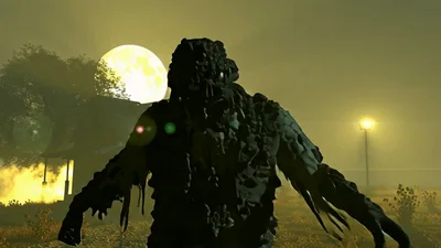 Swamp Monster Walking Toward Camera In Foggy Night