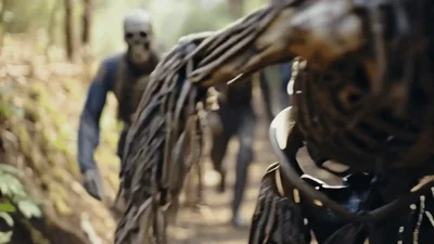 Group Of Terrifying Skeletons Running Through A Forest