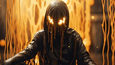 Dark Hooded Figure With Glowing Eyes In Liquid Gold