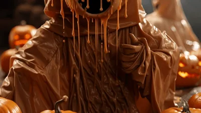 Melting Chocolate Pumpkin Character Surrounded By Jack O Lanterns
