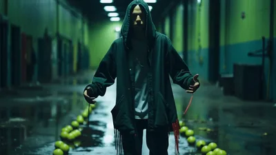 Hooded Person Walking Through A Dark Industrial Hallway