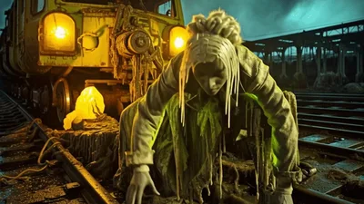 Alien Creature Crawling On Abandoned Train Tracks