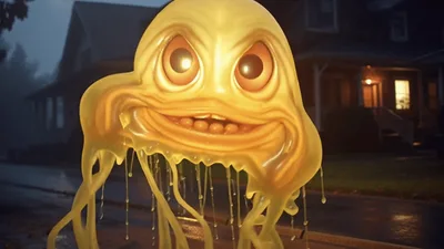 Glowing Yellow Slime Monster Moving Down Suburban Street