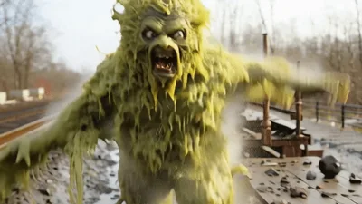 Slime Covered Monster Running Along Train Tracks
