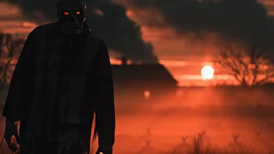 Scary Zombie Walking Through Foggy Field At Sunset