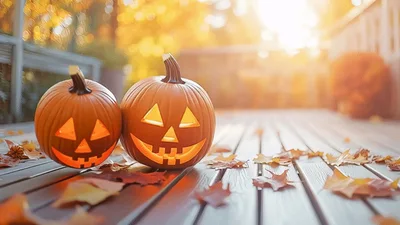 Two Glowing Jack O Lanterns On A Wooden Porch