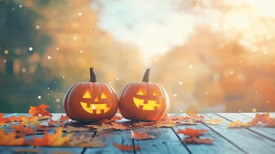 Two Glowing Jack O Lanterns On A Wooden Table