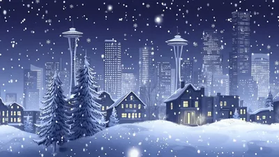 Animated Winter Cityscape With Falling Snow At Night