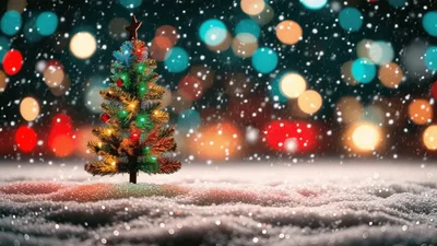 Small Decorated Christmas Tree Standing In Falling Snow