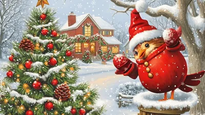 Cute Christmas Bird Wearing Santa Hat Waving Hello