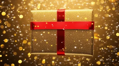 Golden Gift Box Rotating Against Sparkling Bokeh Background