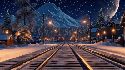 Snowy Winter Village Train Tracks At Night