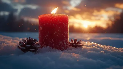 Red Christmas Candle Burning In Snowy Winter Landscape