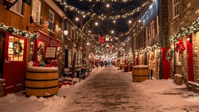 Walking Through A Festive Christmas Village Street At Night
