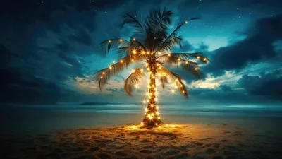 Illuminated Palm Tree Glowing On Tropical Beach At Night