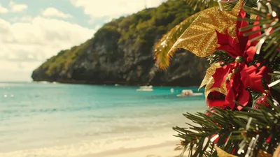 Christmas Tree Decorated On A Tropical Beach