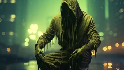 Hooded Figure Rising From Wet City Street