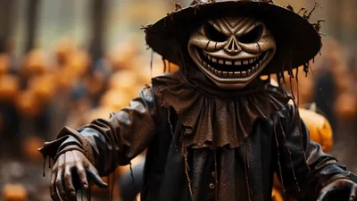 Scary Scarecrow Character Moving In A Pumpkin Patch