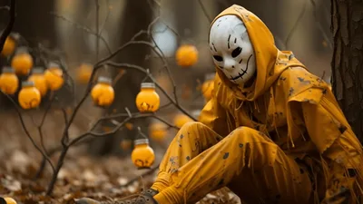 Creepy Masked Figure Sitting In Autumn Forest