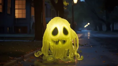 Glowing Yellow Slime Ghost Standing On Rainy Street